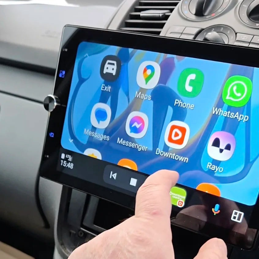 "10.4 inch single-DIN car multimedia screen including rotating display, power cable, mounting bracket, and manual"