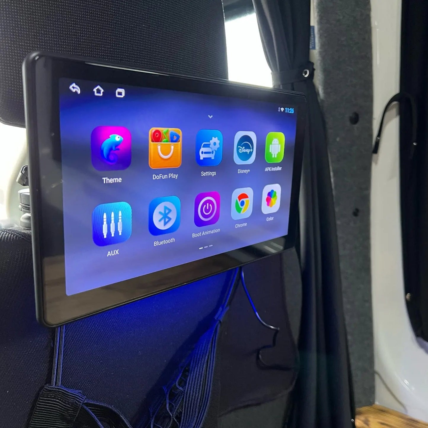 "13.3 inch Android headrest monitor with 4K IPS display, ambient LED lighting, CarPlay, Bluetooth, and WiFi for rear seat entertainment"