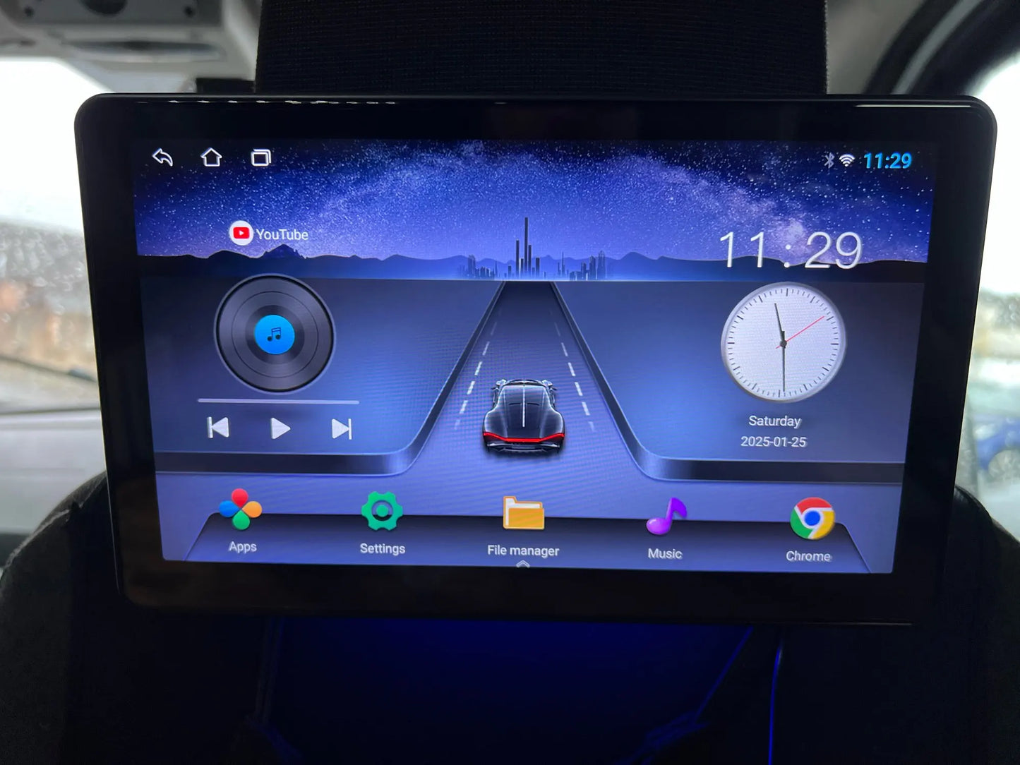 "13.3 inch Android headrest monitor with 4K IPS display, ambient LED lighting, CarPlay, Bluetooth, and WiFi for rear seat entertainment"