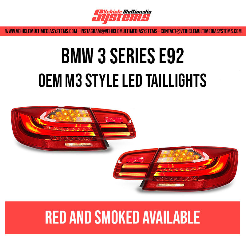 BMW E92 M3 style LED taillights with dynamic sequential indicators, Red/Clear or Smoked options, plug and play retrofit for 3 Series Coupe