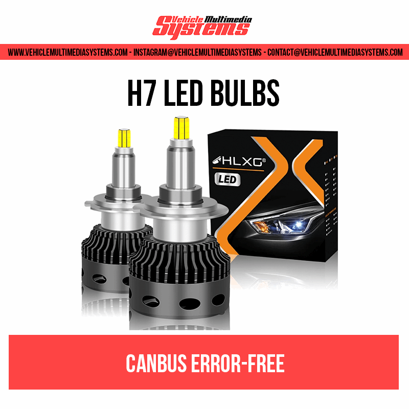 H7 LED headlight bulbs with 6000K cool white light, 360-degree beam, Canbus error-free system, and dual heat dissipation design