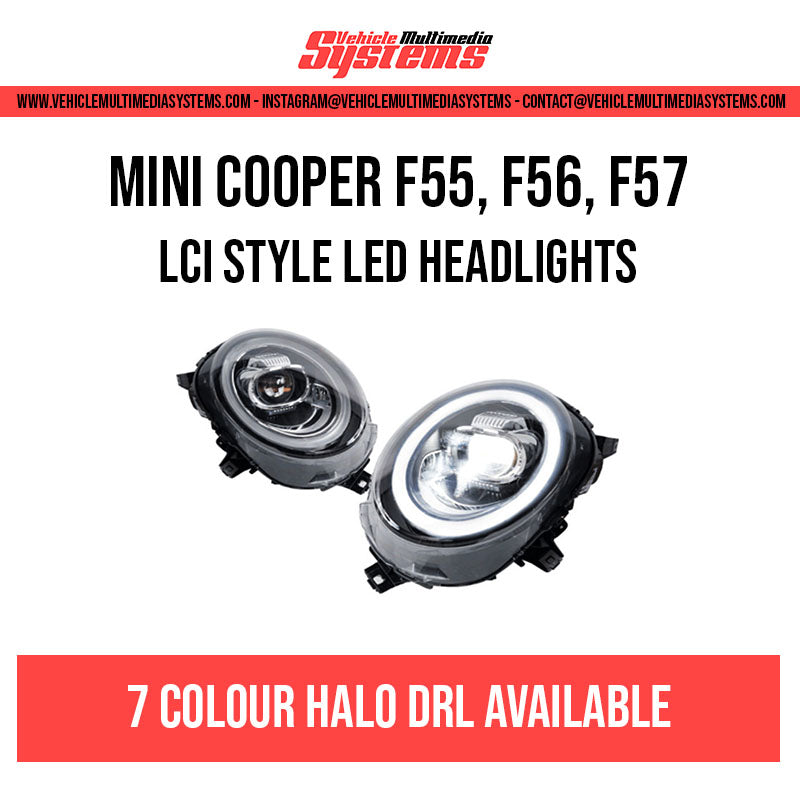 Mini Cooper F55 F56 F57 LCI style LED headlights retrofit kit with Union Jack design and 7-colour DRL options