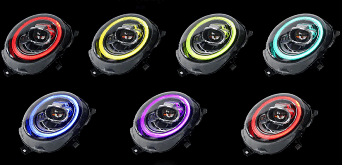 Mini Cooper F55 F56 F57 LCI style LED headlights retrofit kit with Union Jack design and 7-colour DRL options