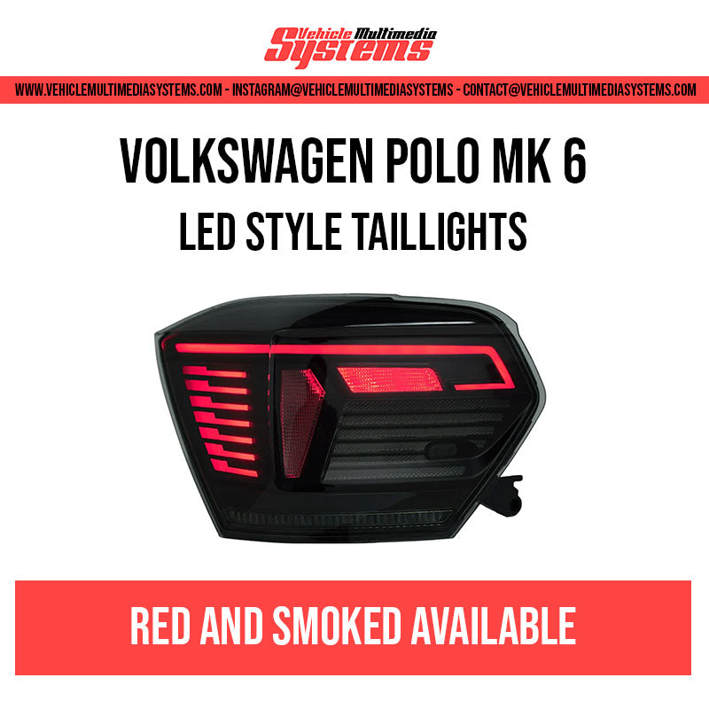 Volkswagen Polo MK6 LED style taillights retrofit kit with dynamic sequential indicators, available in Red/Clear or Smoked lens options