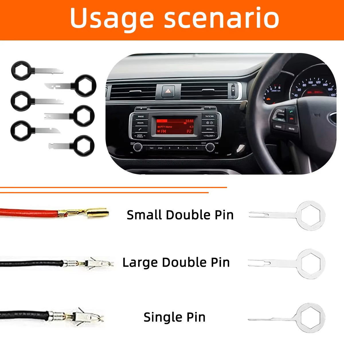 Usage scenario demonstrating car terminal pin removal tools, showing applications for small double pin, large double pin, and single pin connectors.