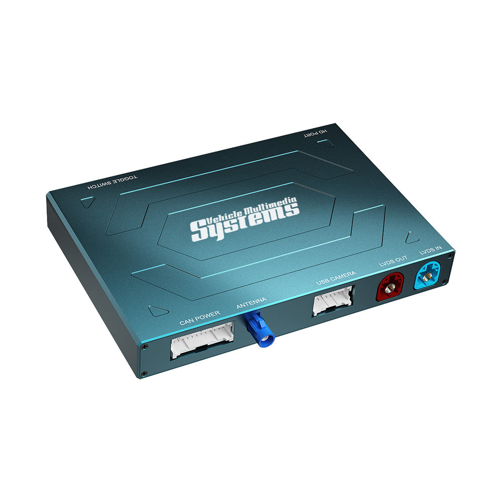 Top-down view of the black Vehicle Multimedia Systems wireless CarPlay box for Jaguar vehicles