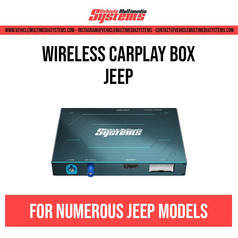 Vehicle Multimedia Systems wireless CarPlay box for numerous Jeep models, showing the black device with blue and red ports.