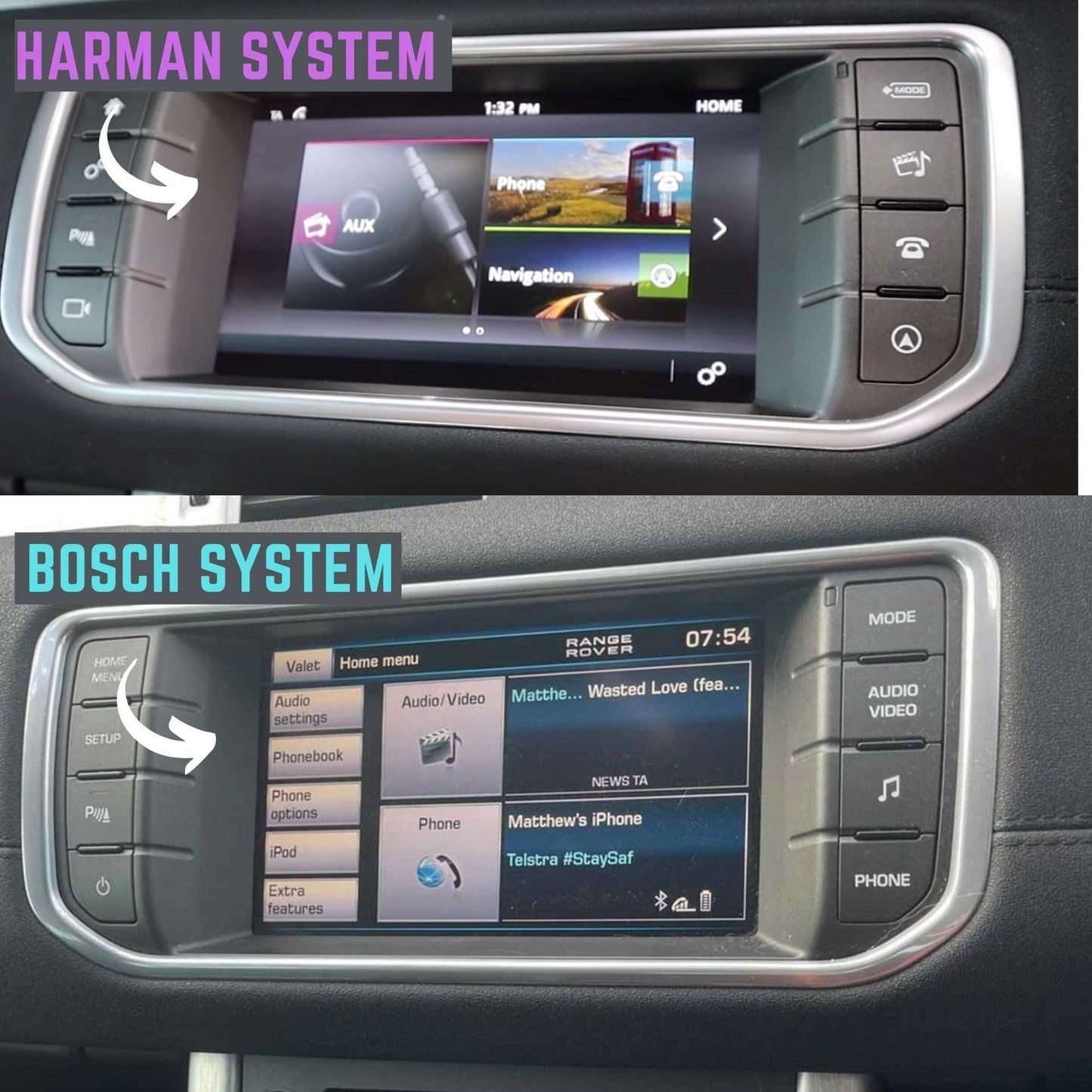 Multiple screenshots showing the user interface and various features of the wireless CarPlay and Android Auto system on different Land Rover infotainment screens (Harman and Bosch systems).