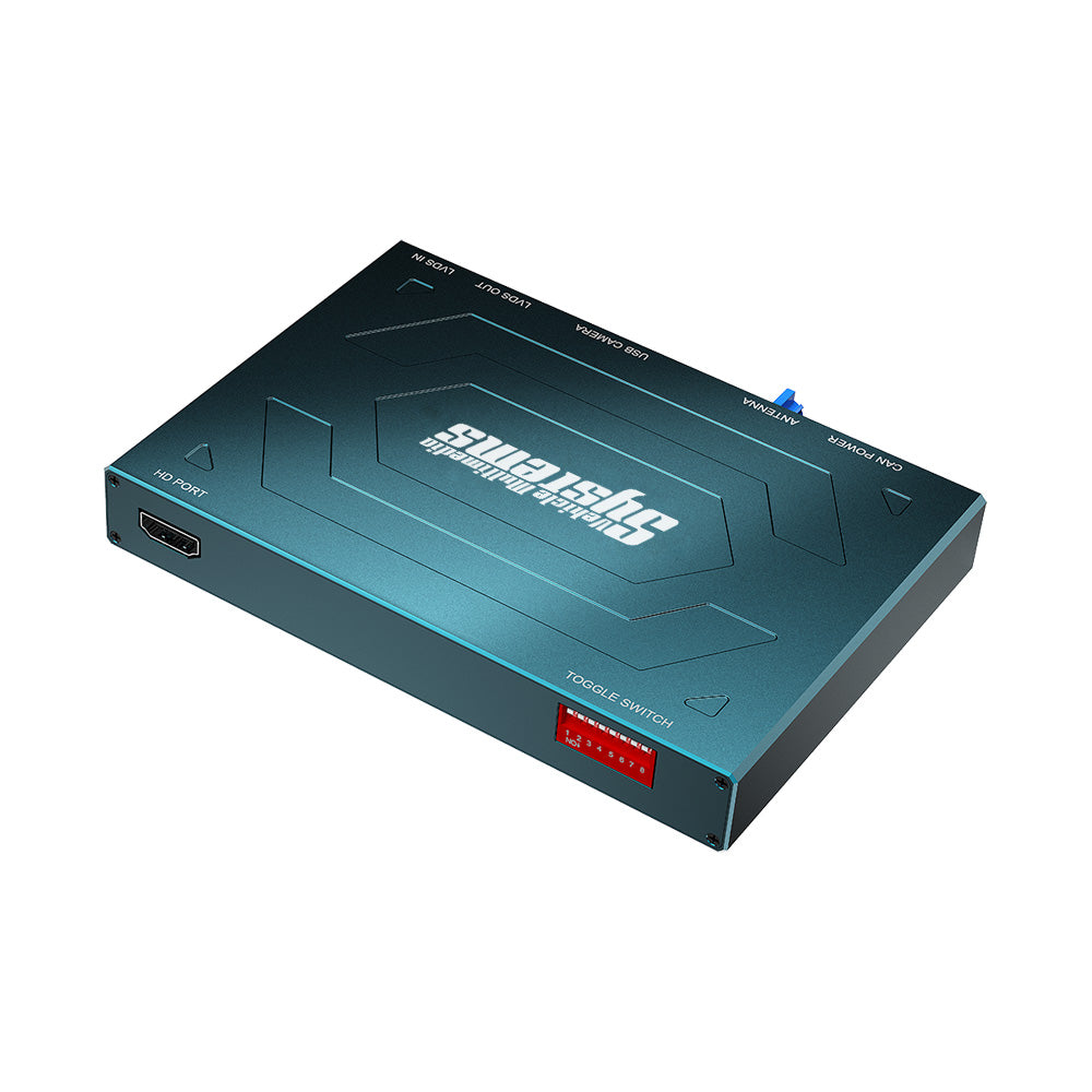 Top-down view of the black Vehicle Multimedia Systems wireless CarPlay box for Land Rover vehicles.