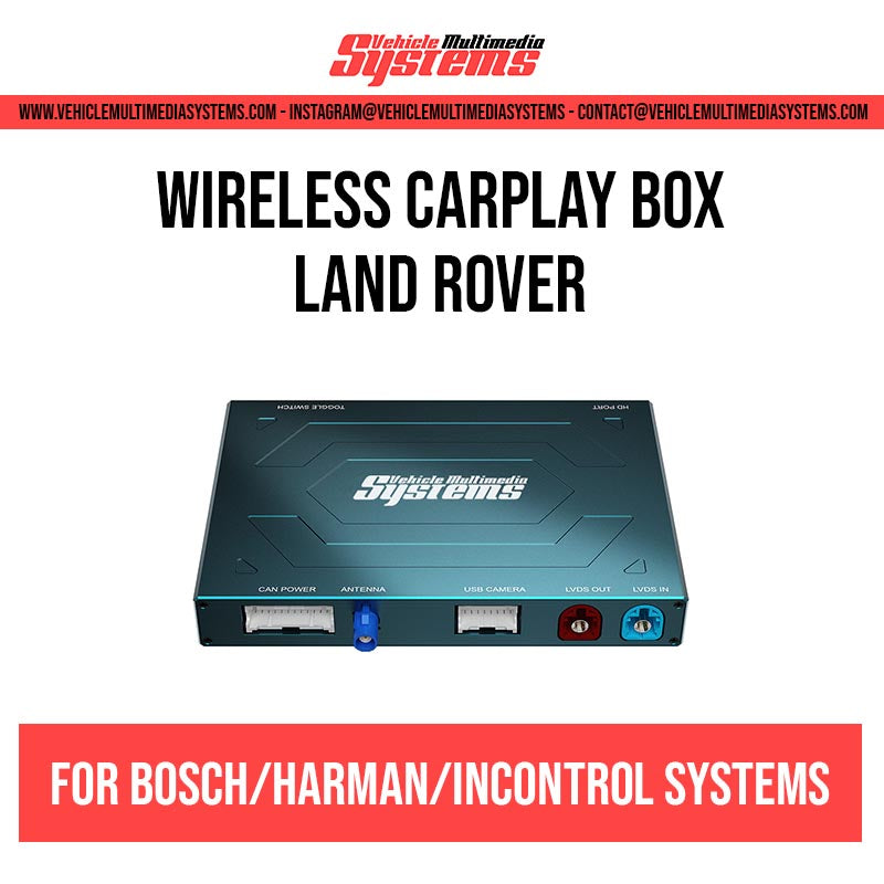Vehicle Multimedia Systems wireless CarPlay box for Land Rover Bosch/Harman/InControl systems, showing the black device with blue and red ports.
