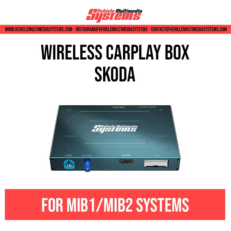 Vehicle Multimedia Systems wireless CarPlay box for Skoda MIB1/MIB2 systems, showing the black device with blue and red ports.