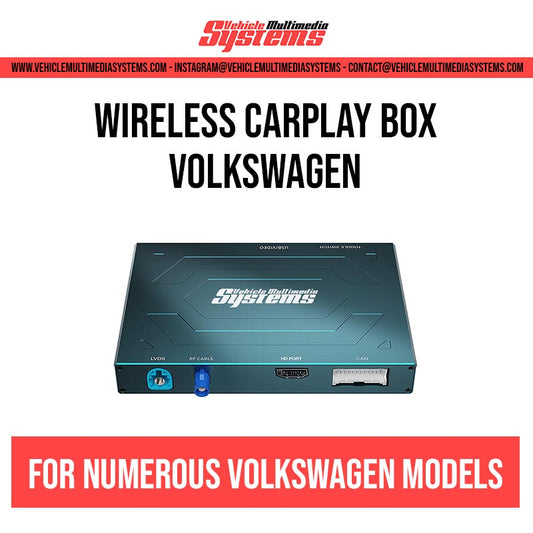Vehicle Multimedia Systems wireless CarPlay box for numerous Volkswagen models, showing the black device with blue and red ports.