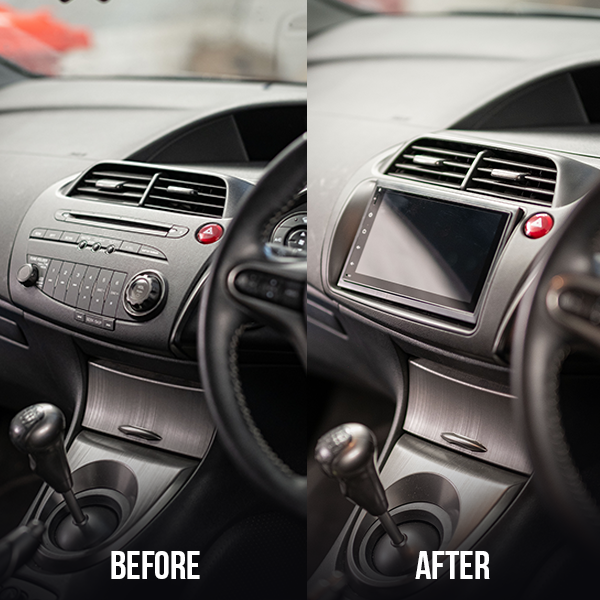"Side-by-side before and after comparison of car dashboard showing factory radio unit replaced with upgraded Android touchscreen display"
