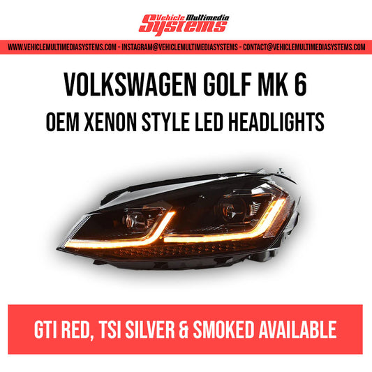 Volkswagen Golf MK6 LED headlights retrofit kit with LCI Xenon style, sequential indicators, and multiple colour options for halogen models