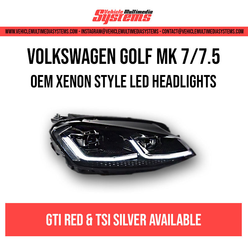 Volkswagen Golf MK7 MK7.5 LED headlights retrofit kit with LCI Xenon style and sequential dynamic indicators for halogen headlight models