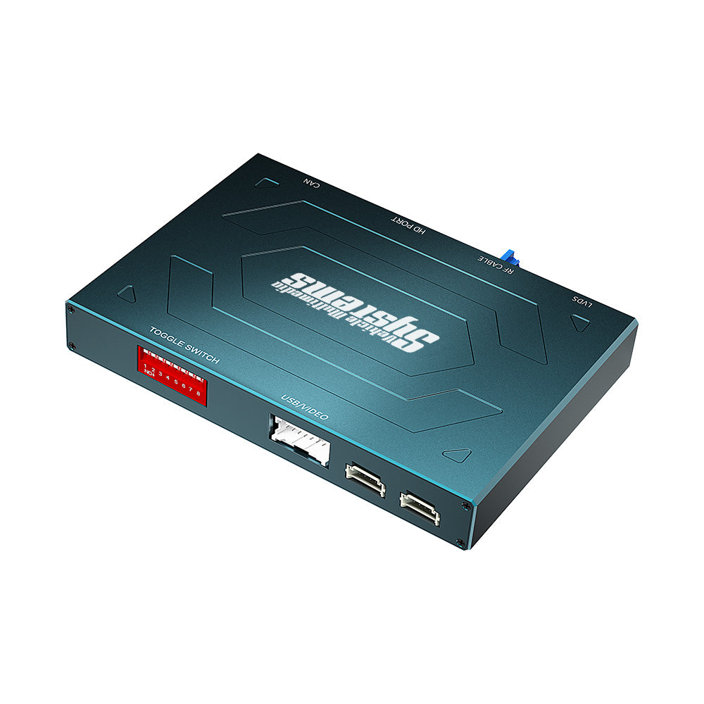 Top-down view of the blue Vehicle Multimedia Systems wireless CarPlay box for Audi vehicles