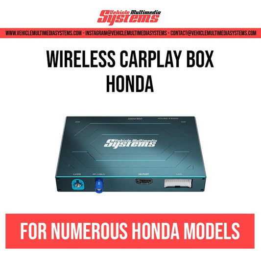 Vehicle Multimedia Systems wireless CarPlay box for numerous Honda models, showing the black device with blue and red ports.