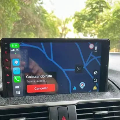 Car dashboard with navigation screen displaying a map and route information.