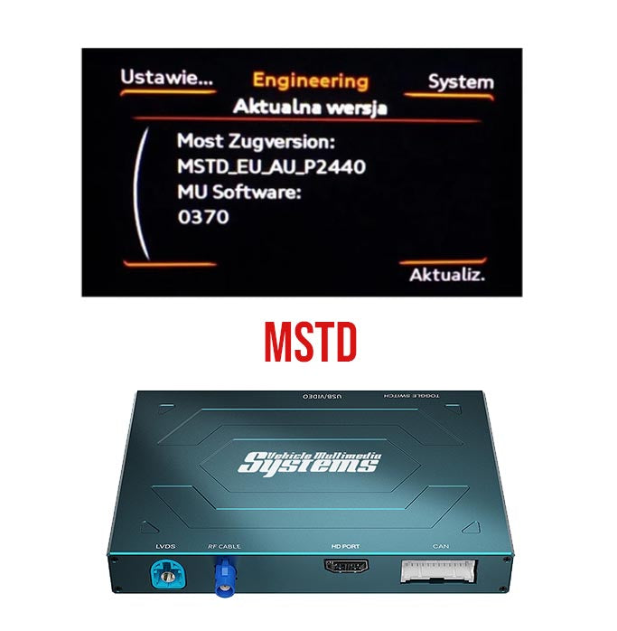 Wireless CarPlay box for SEAT MSTD systems, showing software engineering information on a car screen.