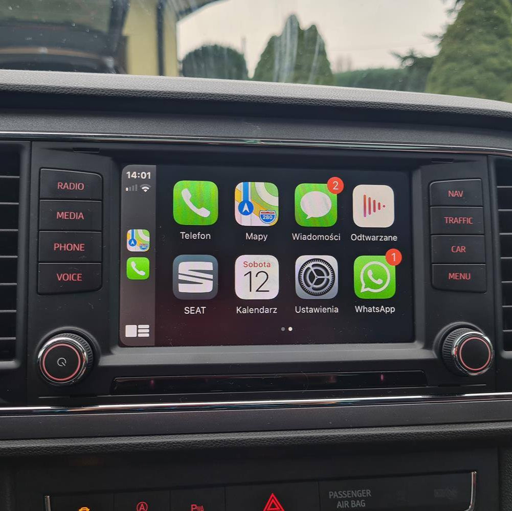 SEAT Leon interior infotainment screen displaying the integrated wireless Apple CarPlay apps interface.