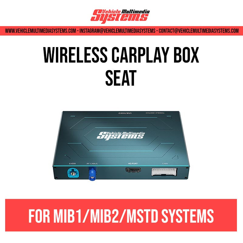 Vehicle Multimedia Systems wireless CarPlay box for SEAT MIB1, MIB2, and MSTD systems, showing the black device with blue and red ports.