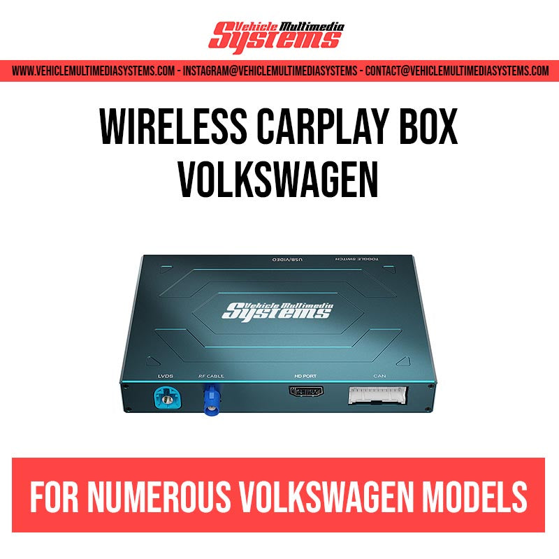 Vehicle Multimedia Systems wireless CarPlay box for numerous Volkswagen models, showing the black device with blue and red ports.
